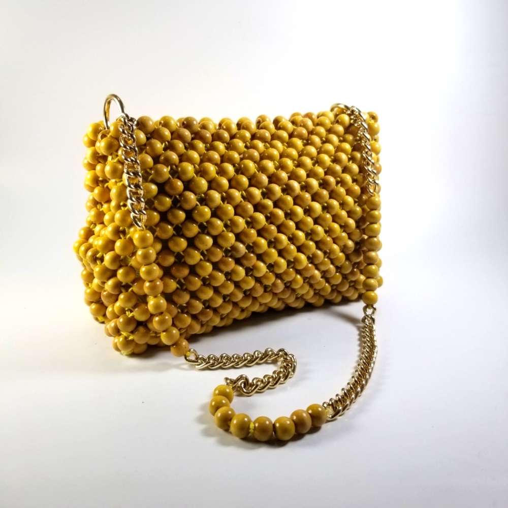 Retro Boho Yellow Wooden Bead Crochet Gold Chain Handle Bag Vintage Preppy Purse